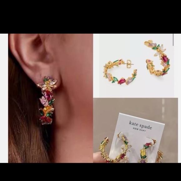 Kate ks Spade Greenhouse Floral Hoops Earrings Flower Crystal cluster - Picture 5 of 13